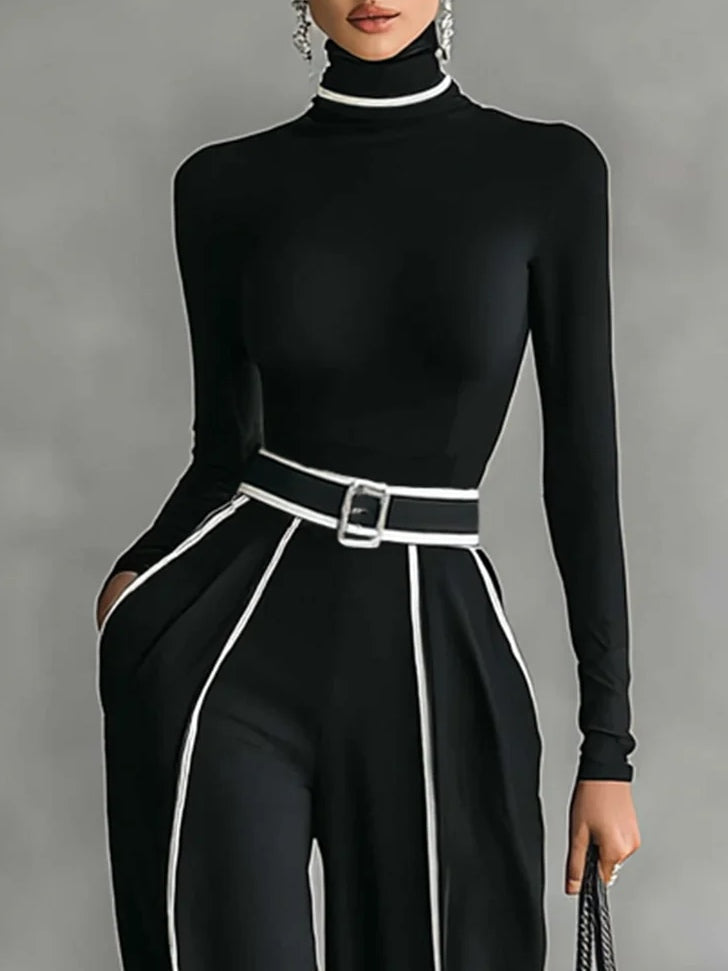 M&H | Turtleneck Top & Wide-Leg Pants Set with Contrasting Trim