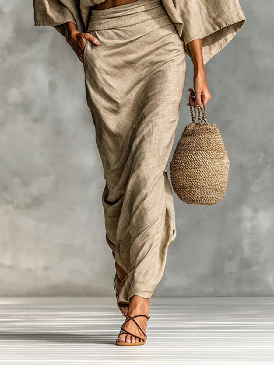 M&H | Two-Piece Skirt Set with Batwing Sleeve Top