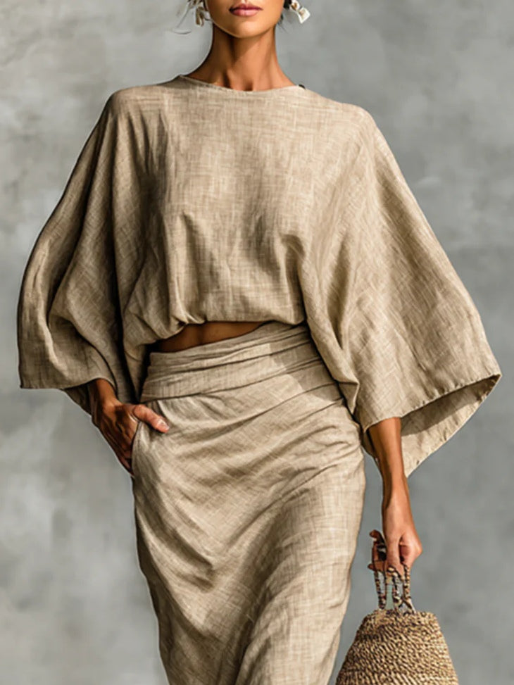 M&H | Two-Piece Skirt Set with Batwing Sleeve Top