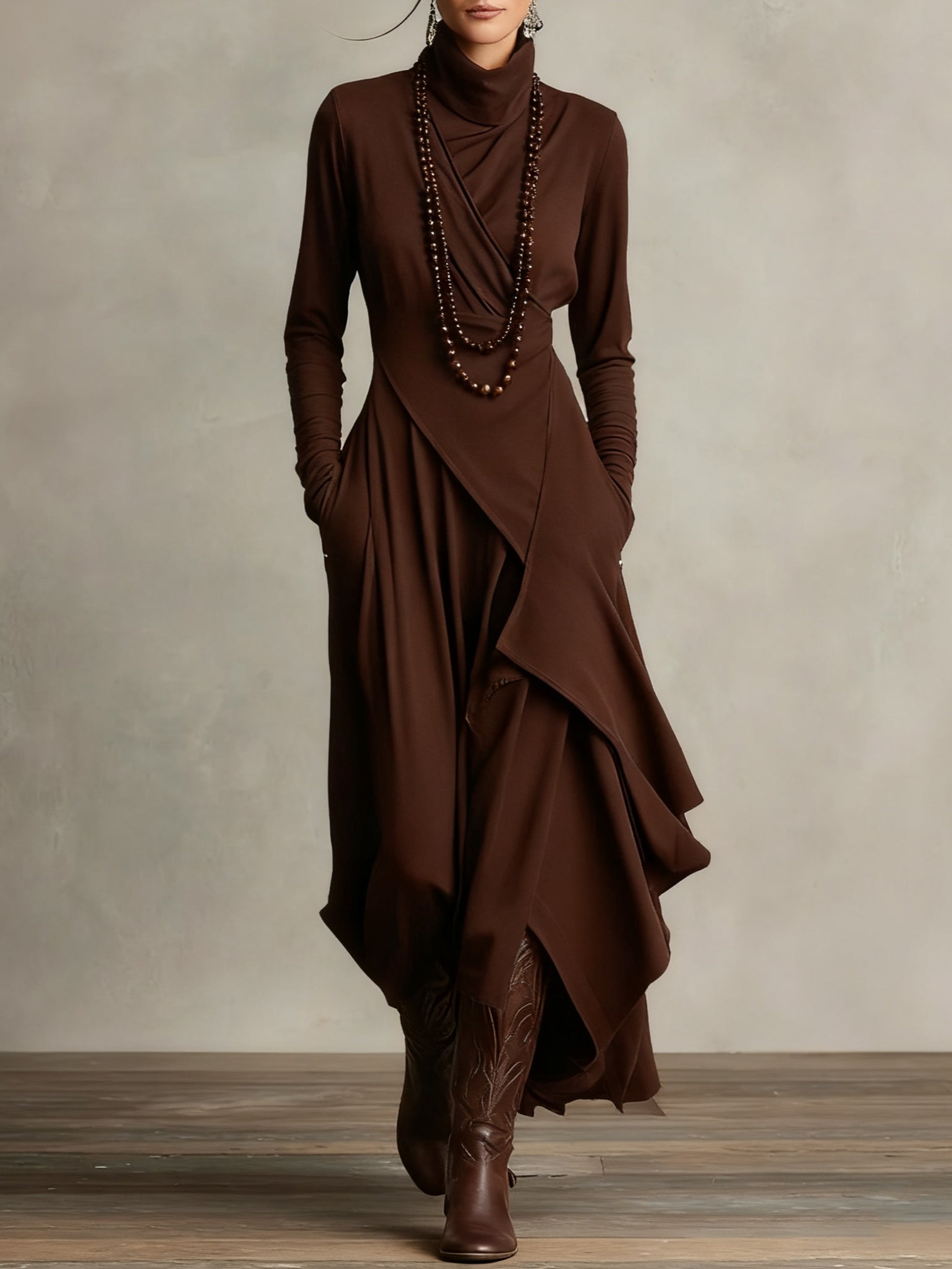 Draped Long-Sleeve Maxi Dress