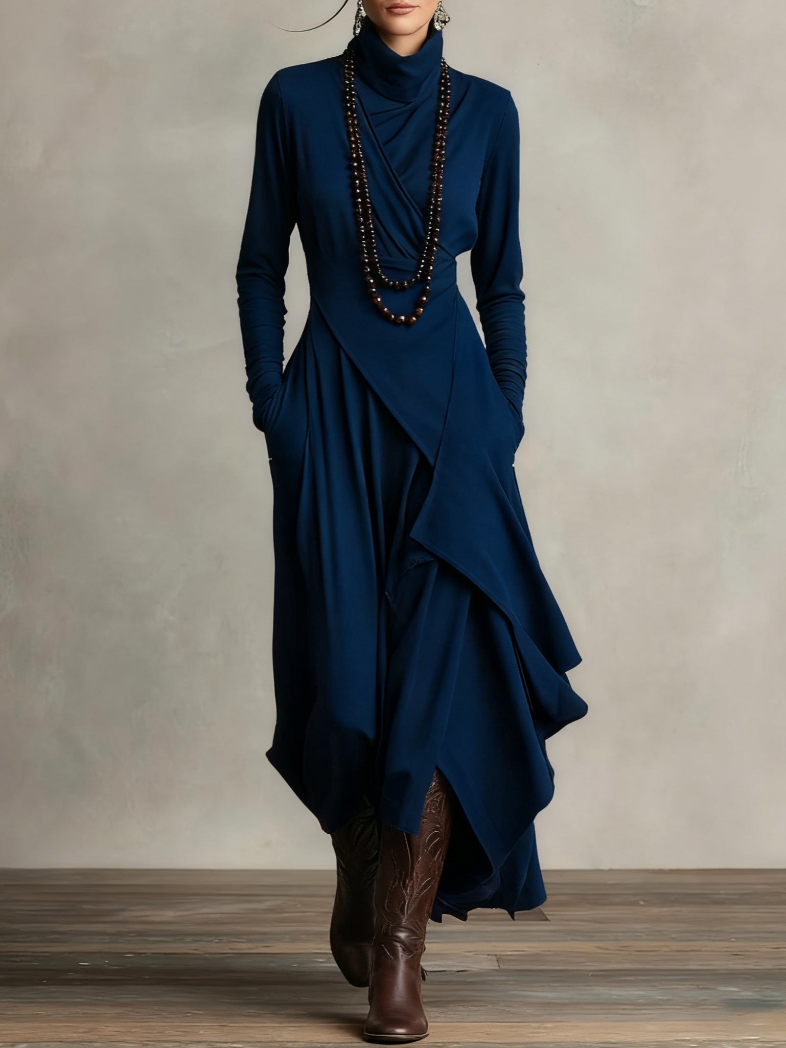 Draped Long-Sleeve Maxi Dress