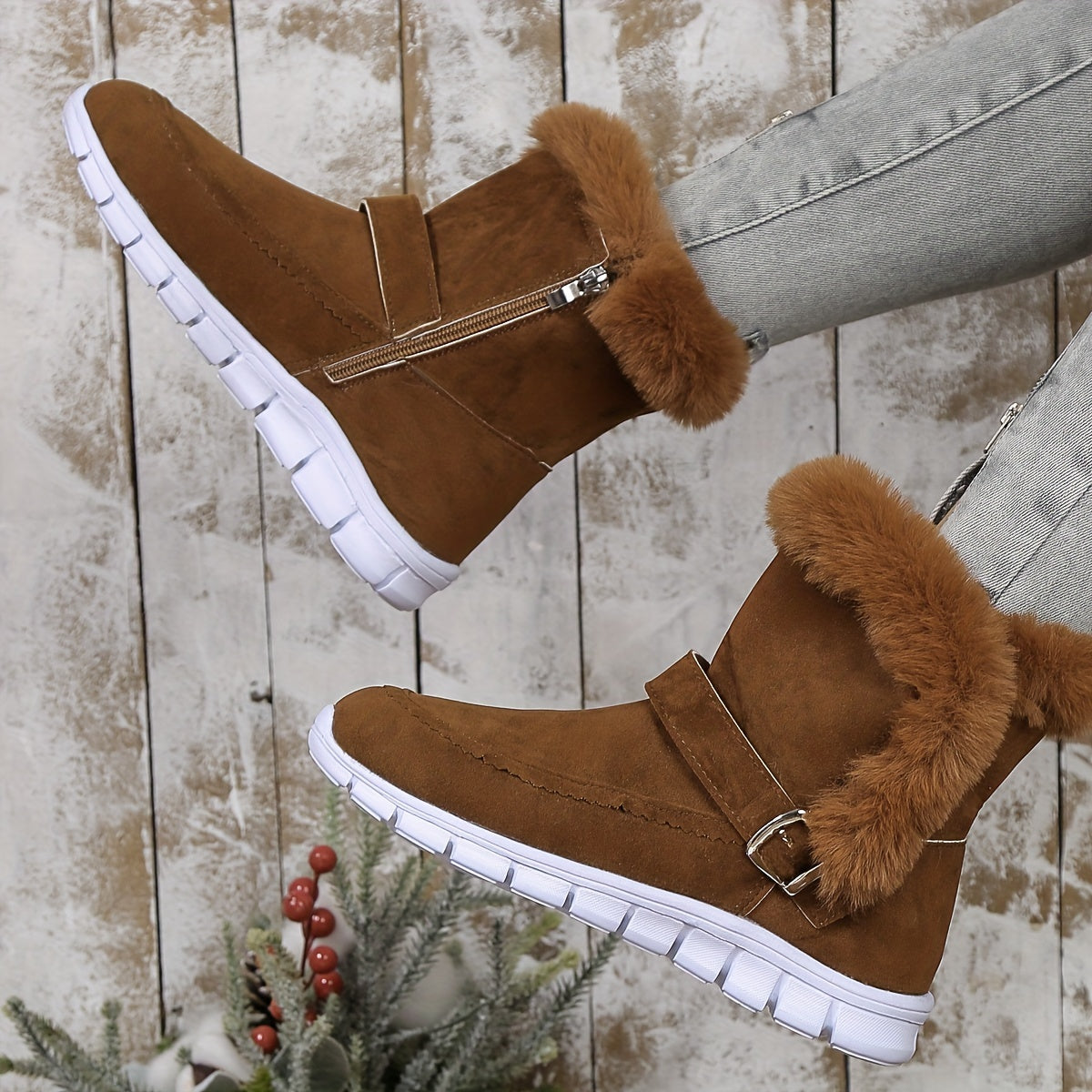Womens Ankle Boots with Plush Lining and Side Closure, Textured Grip Sole