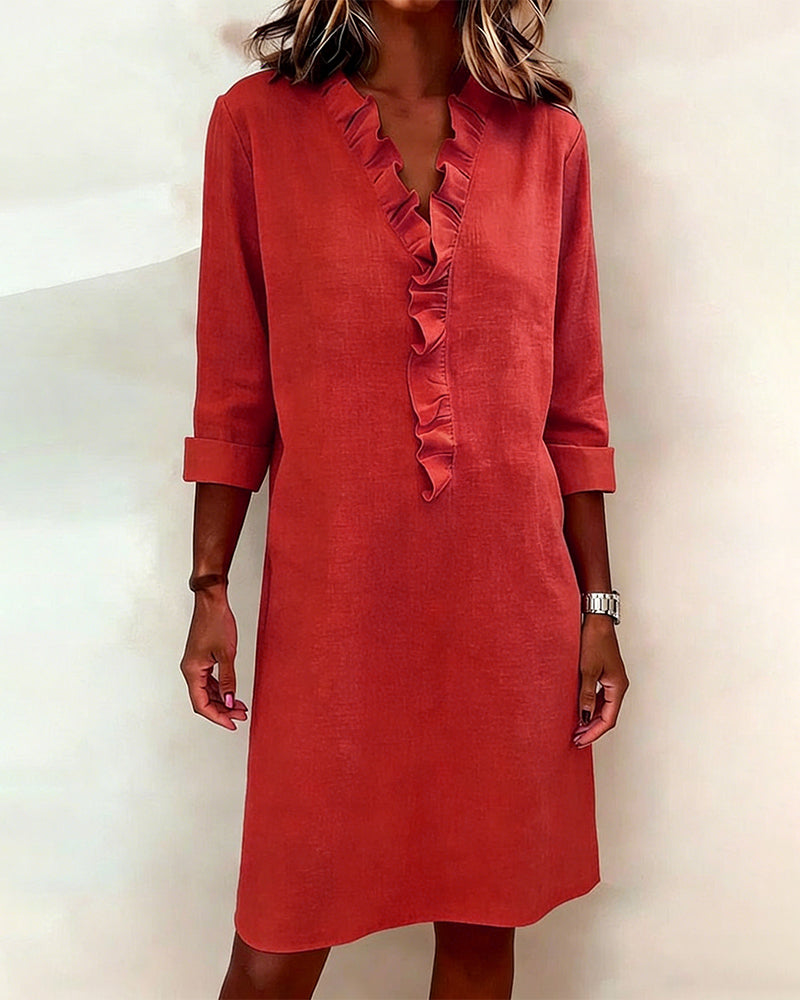 Ruffled V-Neck Solid Dress