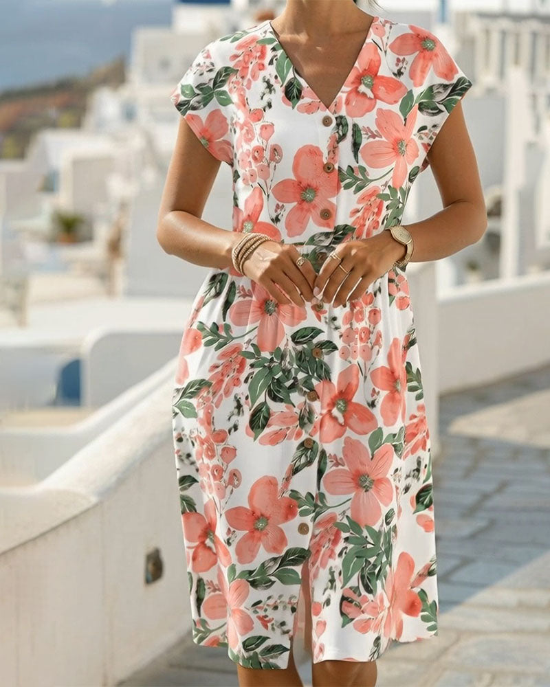 Floral Print V-Neck Short Sleeve Dress