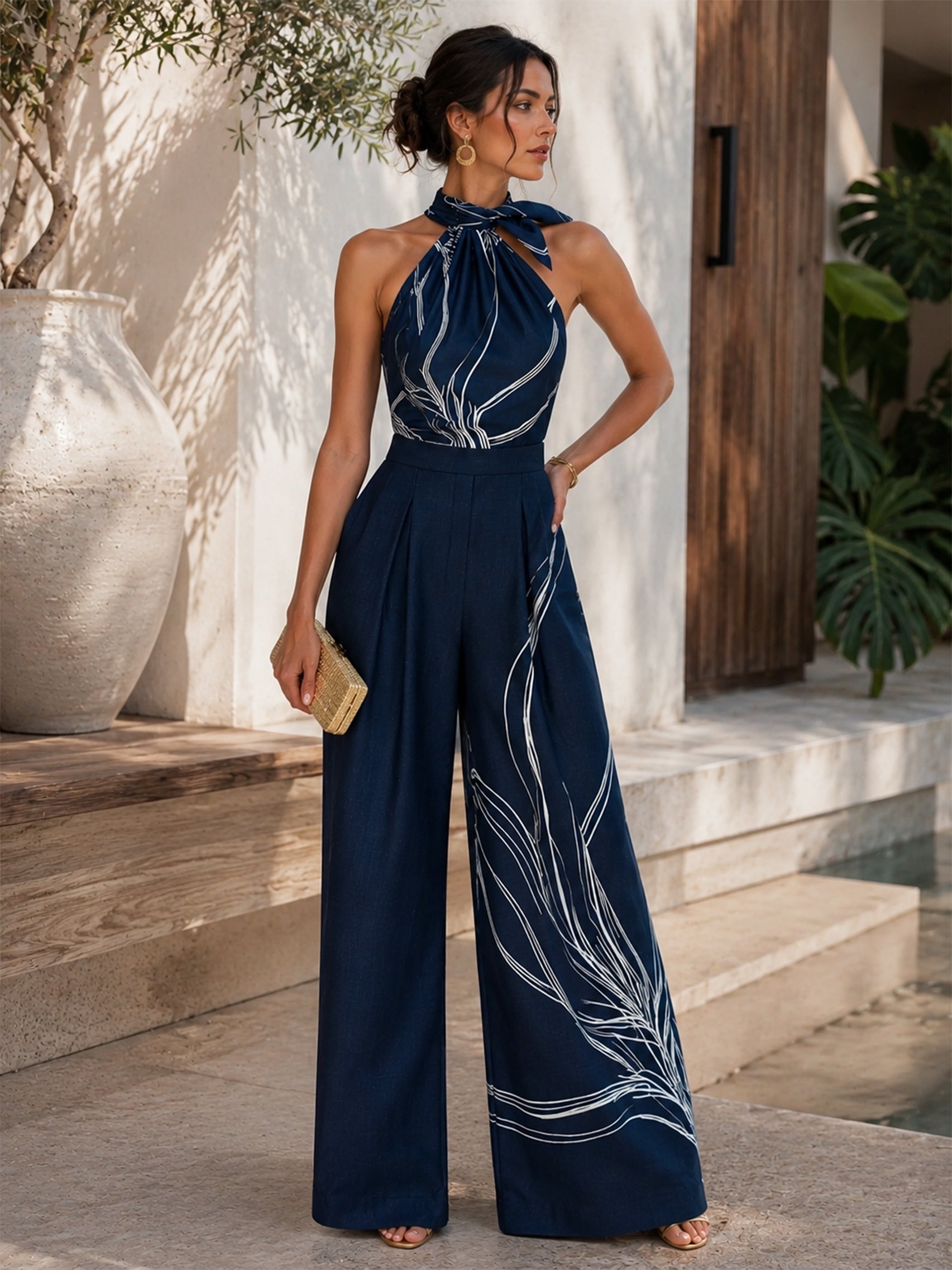 Monica | Satin Halter Blouse & Linen Wide-Leg Trousers Set