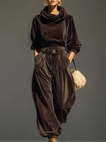Vintage brown velvet hoodie and loose pants set (Includes belt)