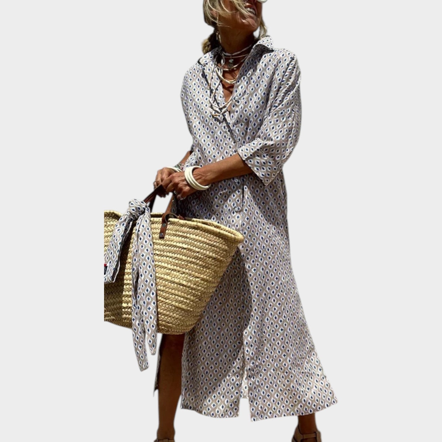 Jasmine | Midi Shirt Dress, Bohemian Geometric Print