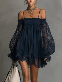 Noemi | Mini dress in navy blue chiffon with off-the-shoulder neckline, lace trim, and sheer sleeves
