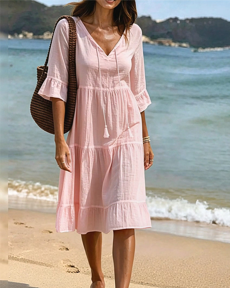 Flared Dress with Half Sleeves and Waist Tie