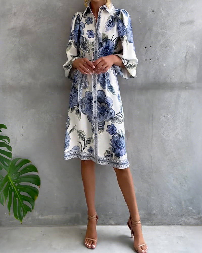 Lantern Sleeve Dress with Notched Collar Print