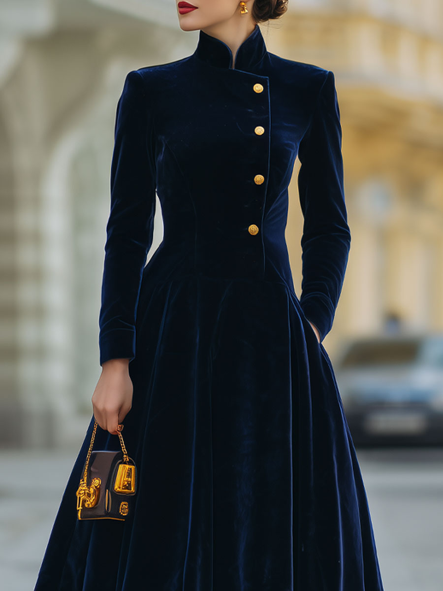 Velvet A-Line Dress with Gold Accents
