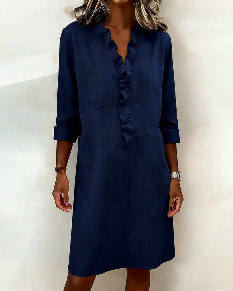 Ruffled V-Neck Solid Dress