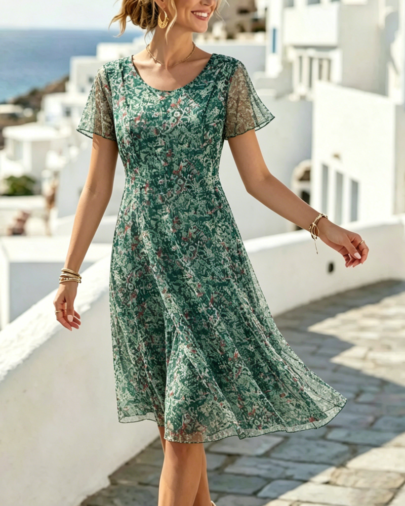 Short Sleeve Floral A-Line Dress