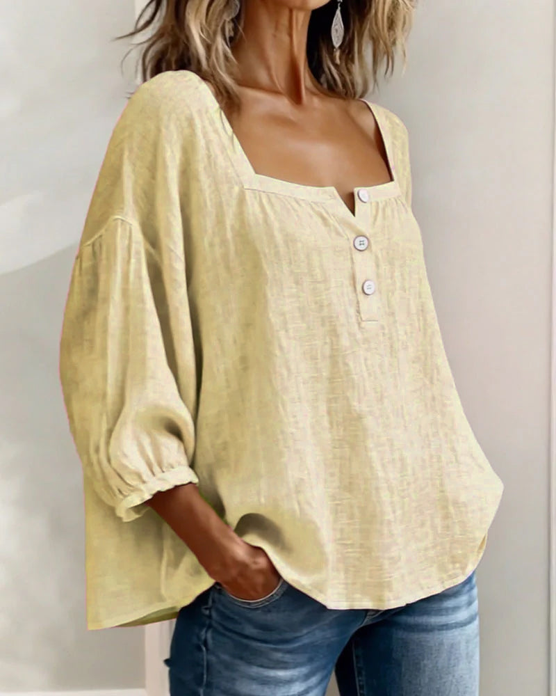 Harper | Cotton-Linen Square Collar Blouse