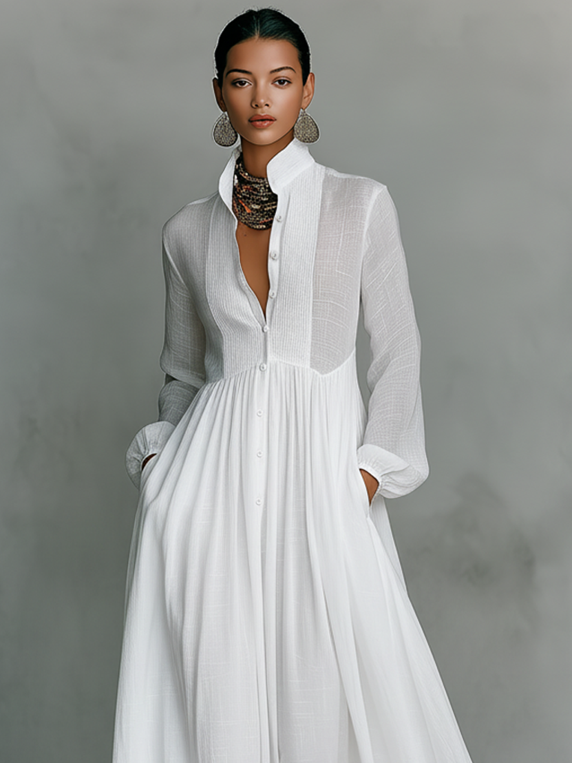 Patchwork Linen Maxi Dress Stand Collar