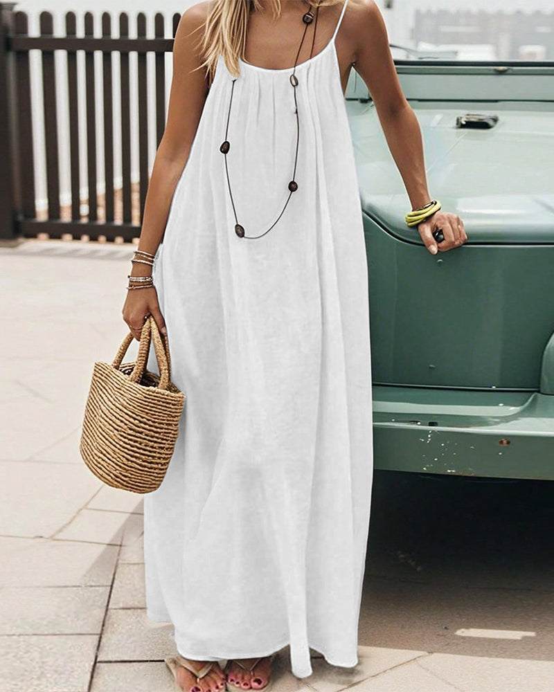 Solid Color Pleated Backless Spaghetti Strap Maxi Dress