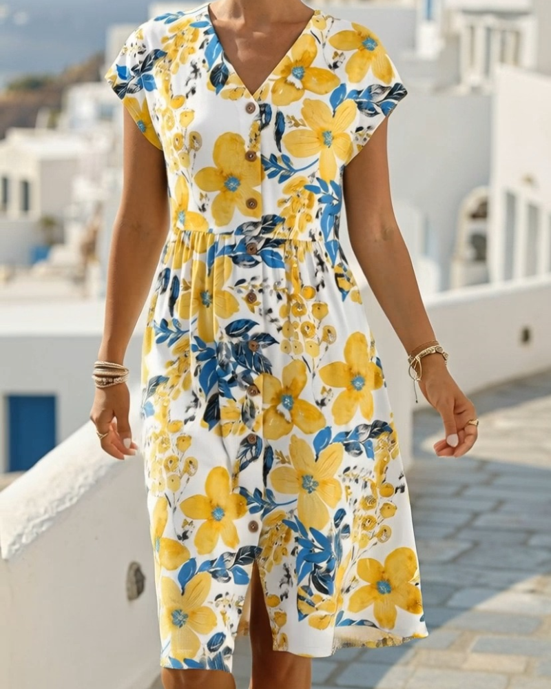 Floral Print V-Neck Short Sleeve Dress