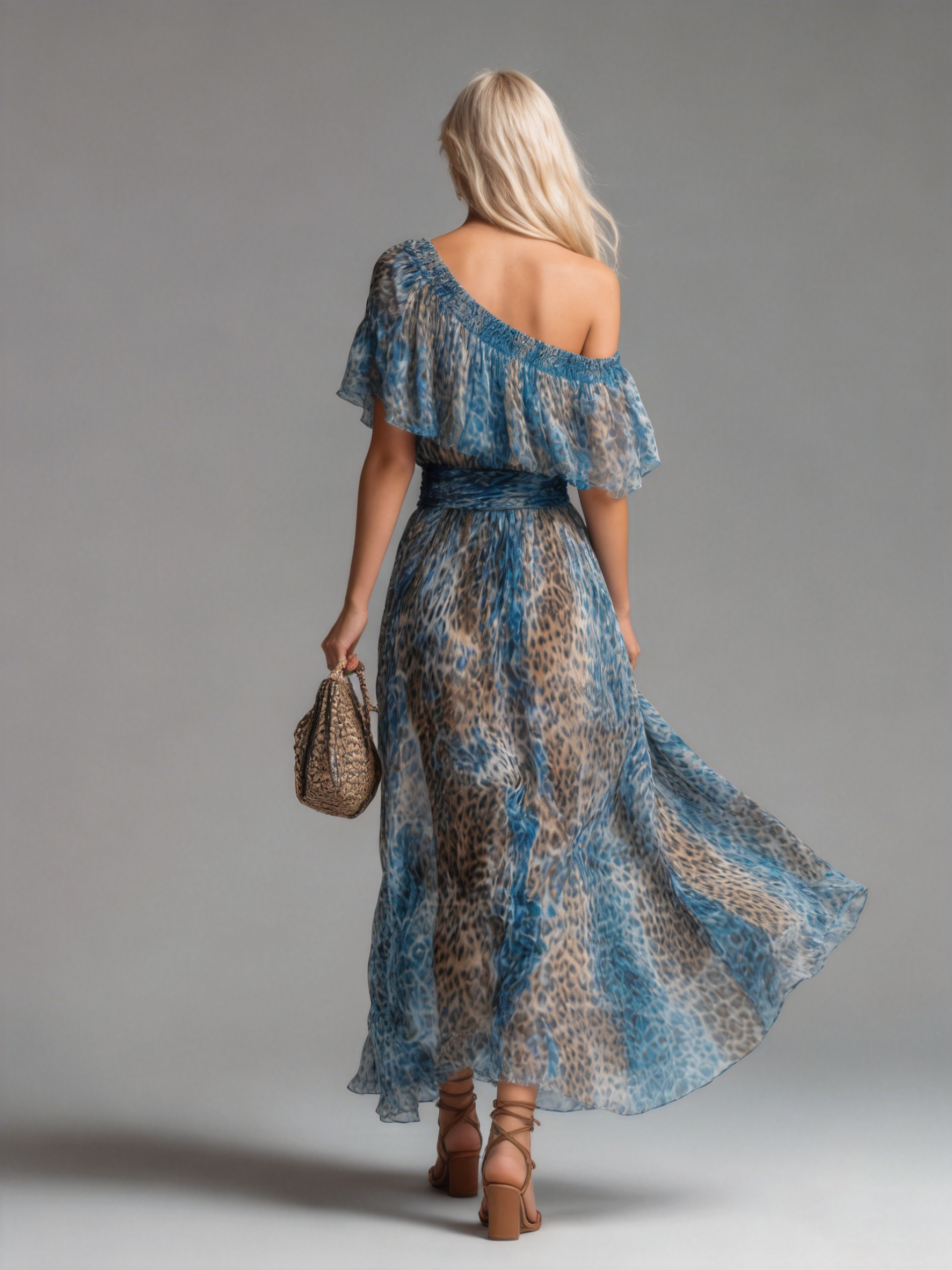 Wild - Long chiffon dress with leopard print and off-shoulder design