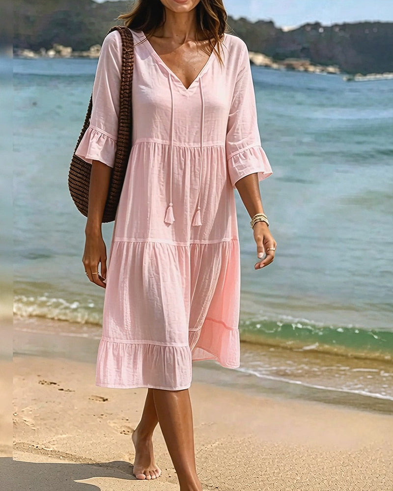 Flared Dress with Half Sleeves and Waist Tie