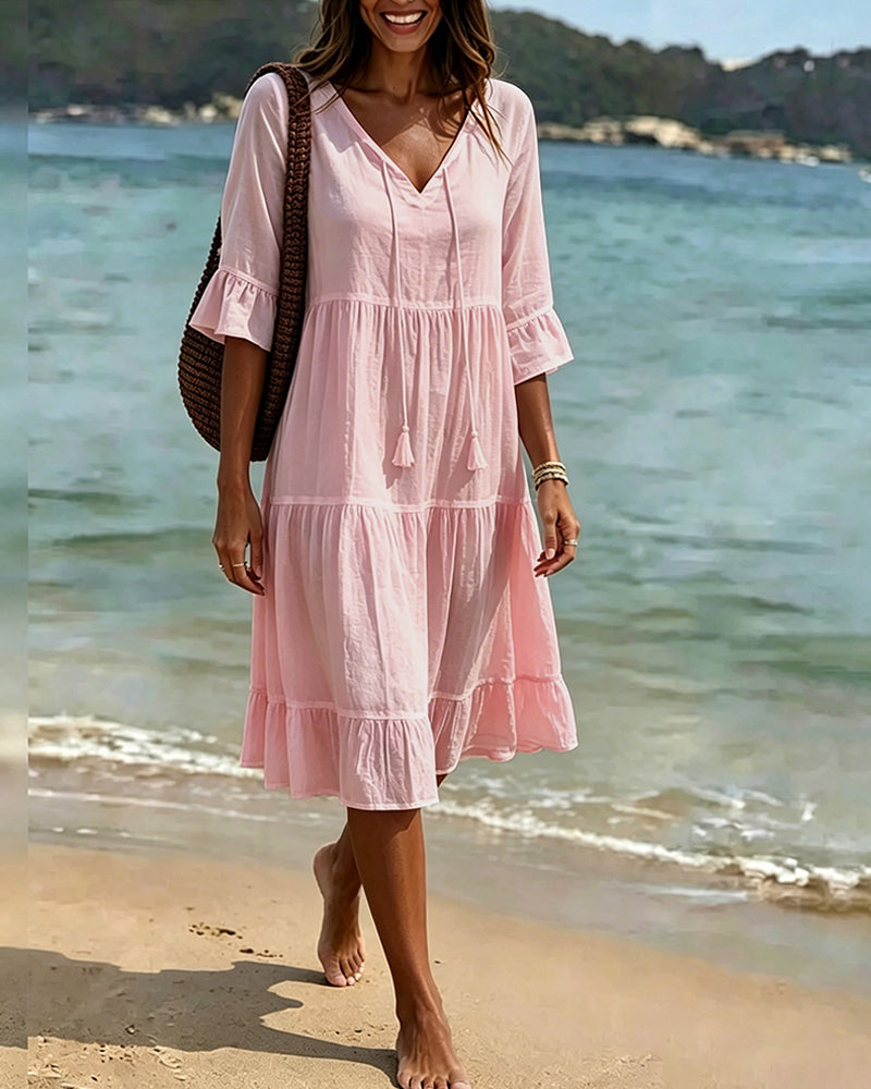 Flared Dress with Half Sleeves and Waist Tie