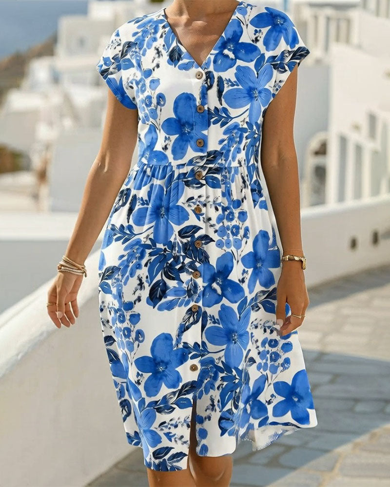 Floral Print V-Neck Short Sleeve Dress