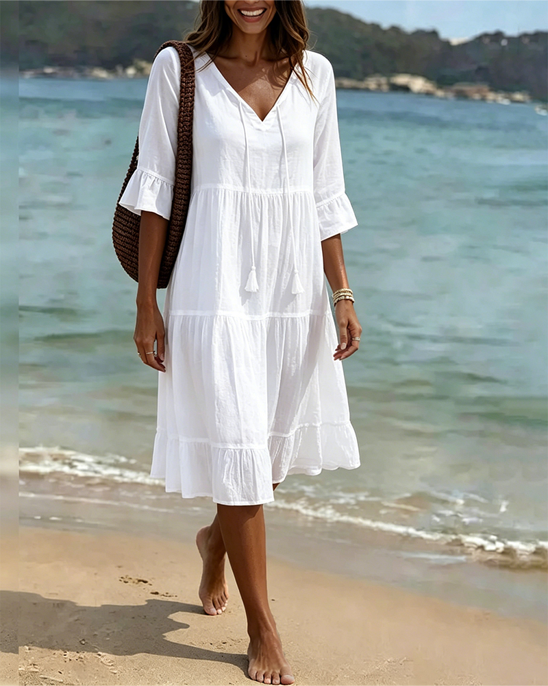 Flared Dress with Half Sleeves and Waist Tie