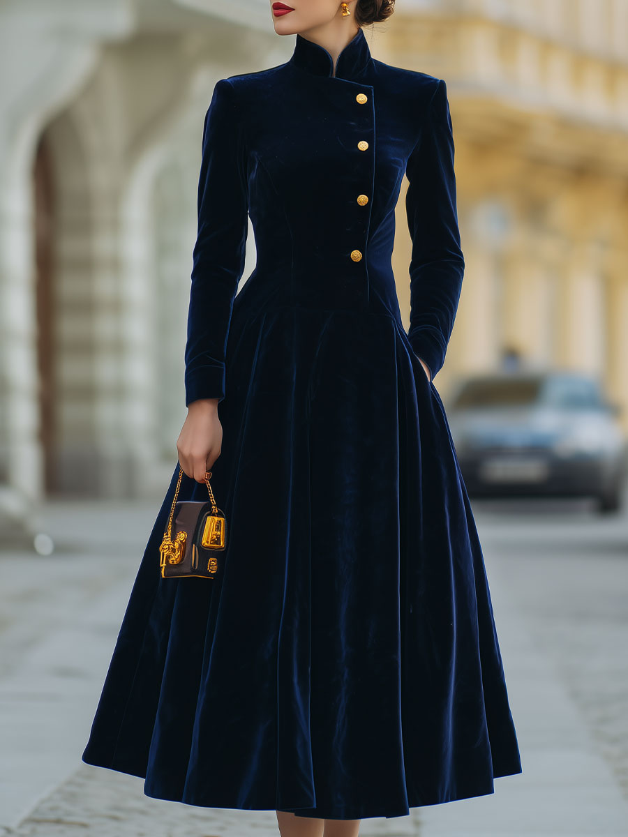 Velvet A-Line Dress with Gold Buttons