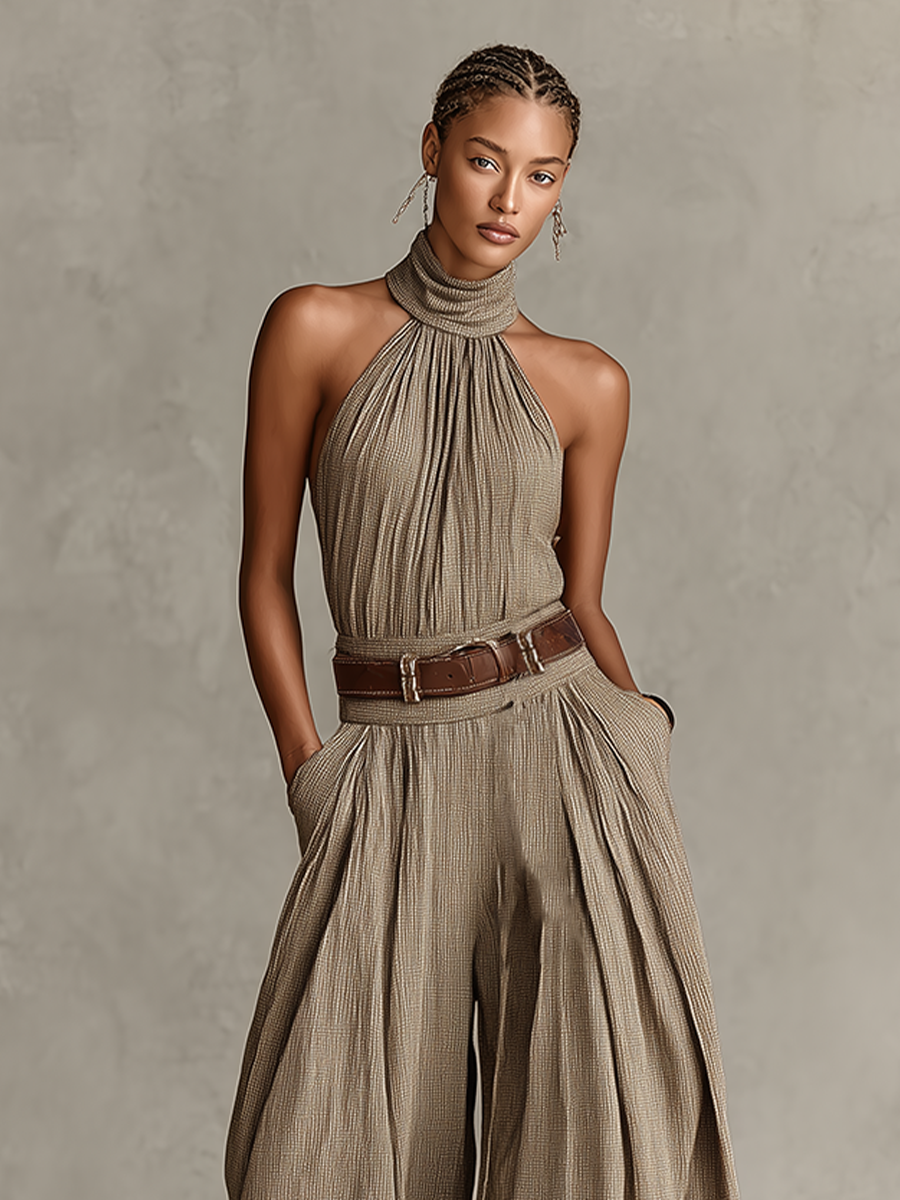 Jasmine | Cotton-Blend Halter-Neck Wide-Leg Jumpsuit