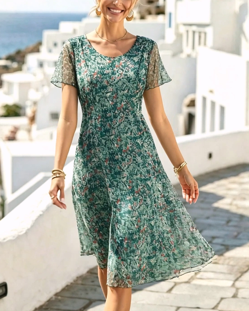 Short Sleeve Floral A-Line Dress