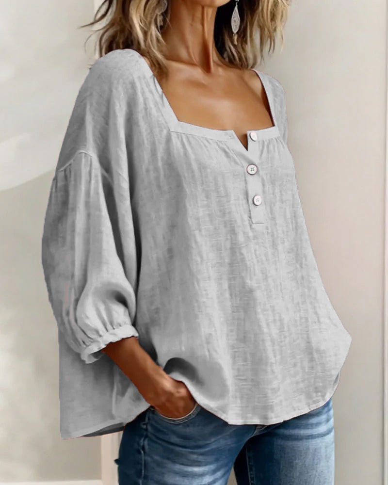 Harper | Cotton-Linen Square Collar Blouse