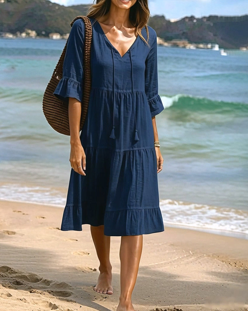Flared Dress with Half Sleeves and Waist Tie