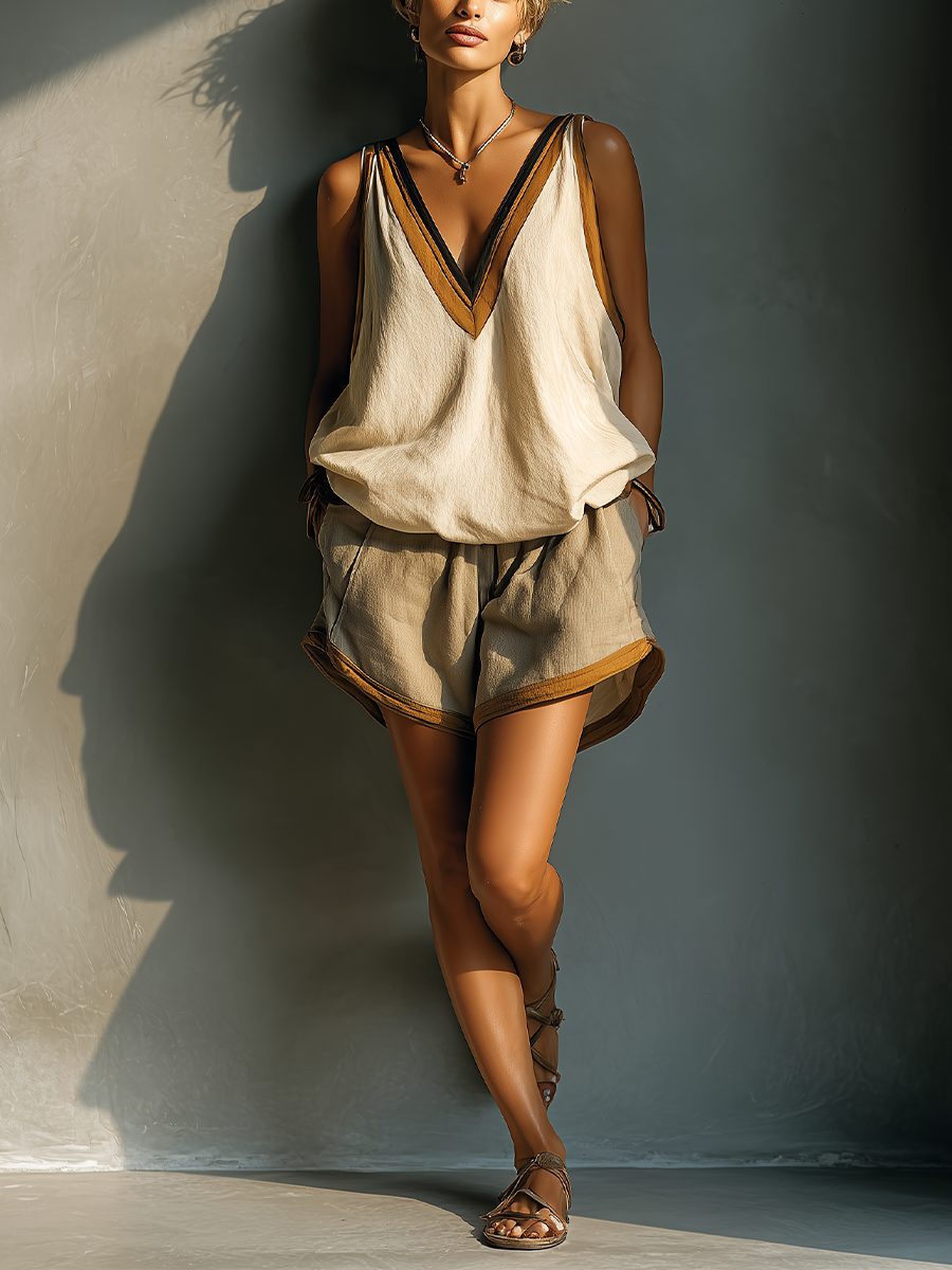 Madeline | Linen-Blend V-Neck Tank & Khaki Shorts Set