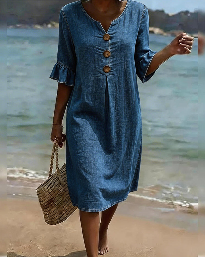 Lotus Leaf Dress with Denim Sleeves