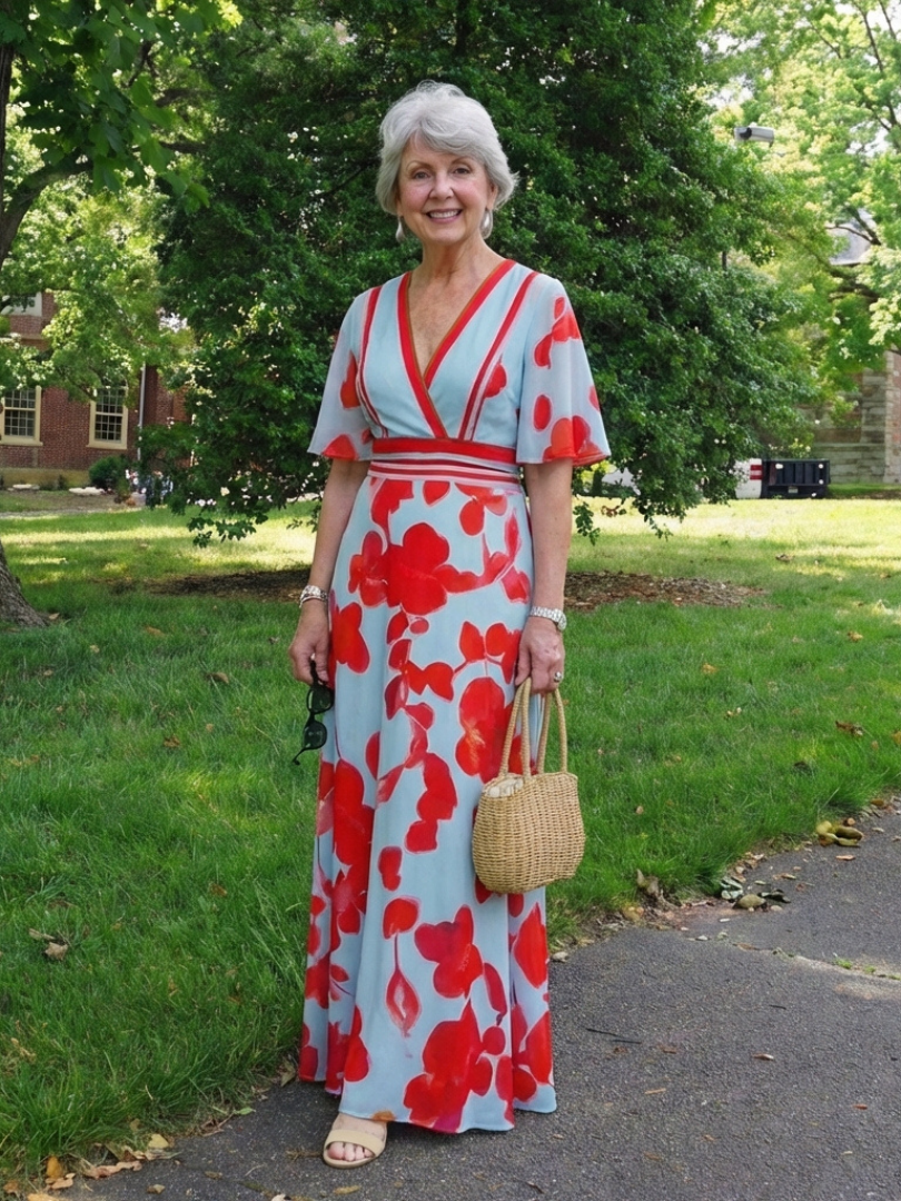 V-Neck Short-Sleeve Floral Maxi Dress