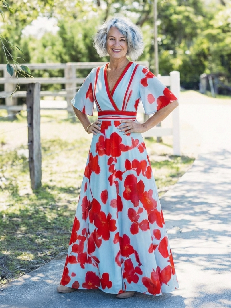 V-Neck Short-Sleeve Floral Maxi Dress