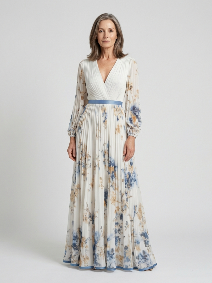 Long-Sleeve V-Neck Floral Maxi Dress