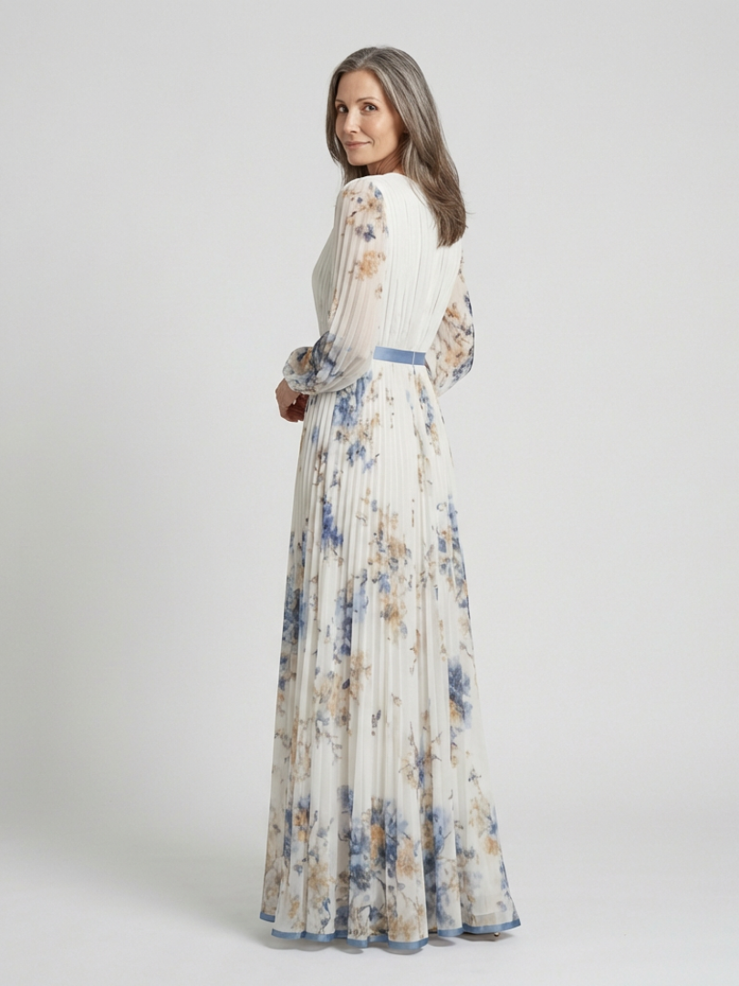 Long-Sleeve V-Neck Floral Maxi Dress