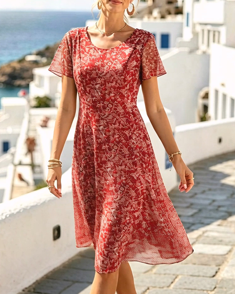 Short Sleeve Floral A-Line Dress