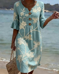 Ruffled V-Neck Mini Dress with 3/4 Sleeves