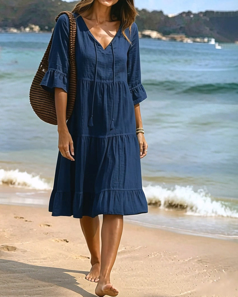 Flared Dress with Half Sleeves and Waist Tie