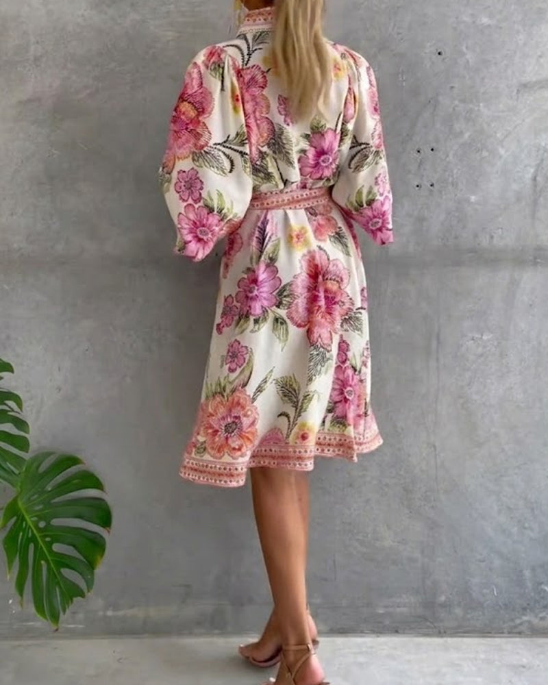 Lantern Sleeve Dress with Notched Collar Print