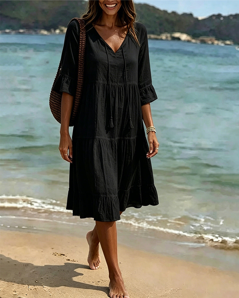 Flared Dress with Half Sleeves and Waist Tie