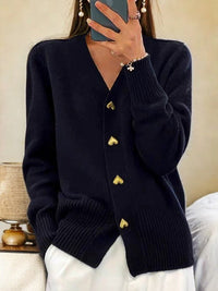 Women’s Heart-Button Knit Cardigan – Elegant V-Neck Layer for Everyday Styling