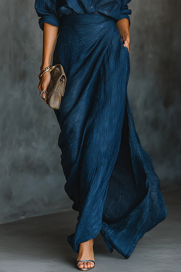 Long Sleeve Shirt Set with Collar and Elegant Solid Color Maxi Pleated Skirt