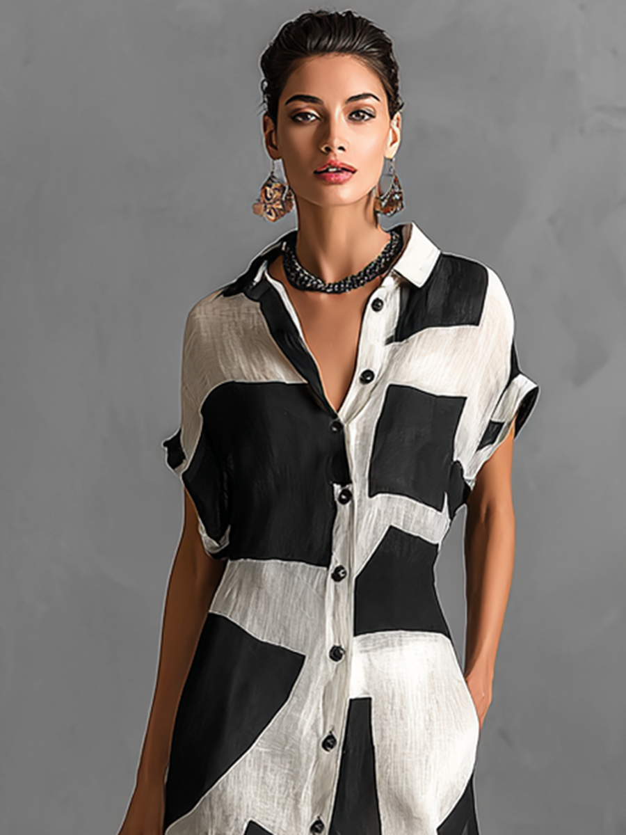 Harper | Chiffon Maxi Shirt Dress with Irregular Geometric Print