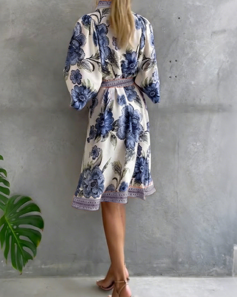 Lantern Sleeve Dress with Notched Collar Print
