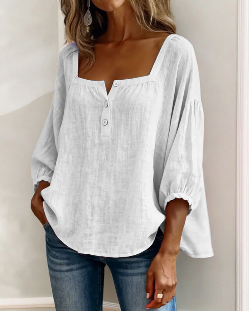 Harper | Cotton-Linen Square Collar Blouse