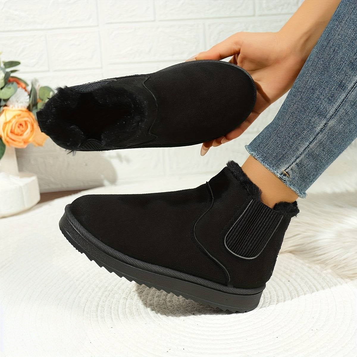 Platform Ankle Boots with Elastic Side Panels and Plush Lining, Textured Grip Sole
