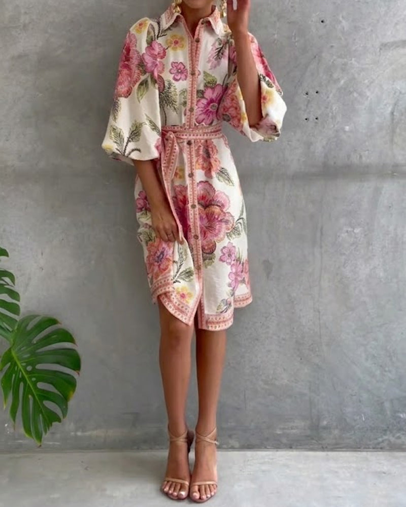 Lantern Sleeve Dress with Notched Collar Print