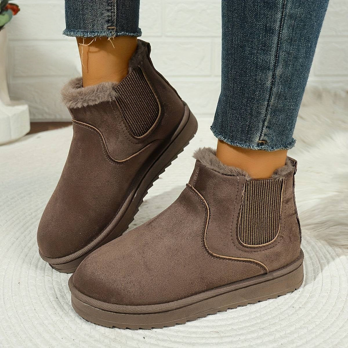 Platform Ankle Boots with Elastic Side Panels and Plush Lining, Textured Grip Sole
